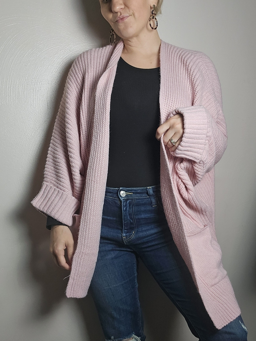 Dusty Pink Open-Front Ribbed Women's Cardigan